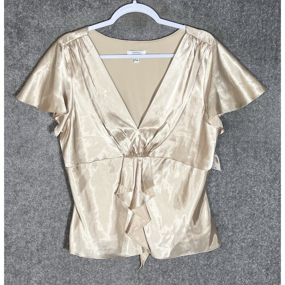 Dressbarn Collection Satin Babydoll Top Womens Sz 16 Gold Ruffle Vneck Y2K New